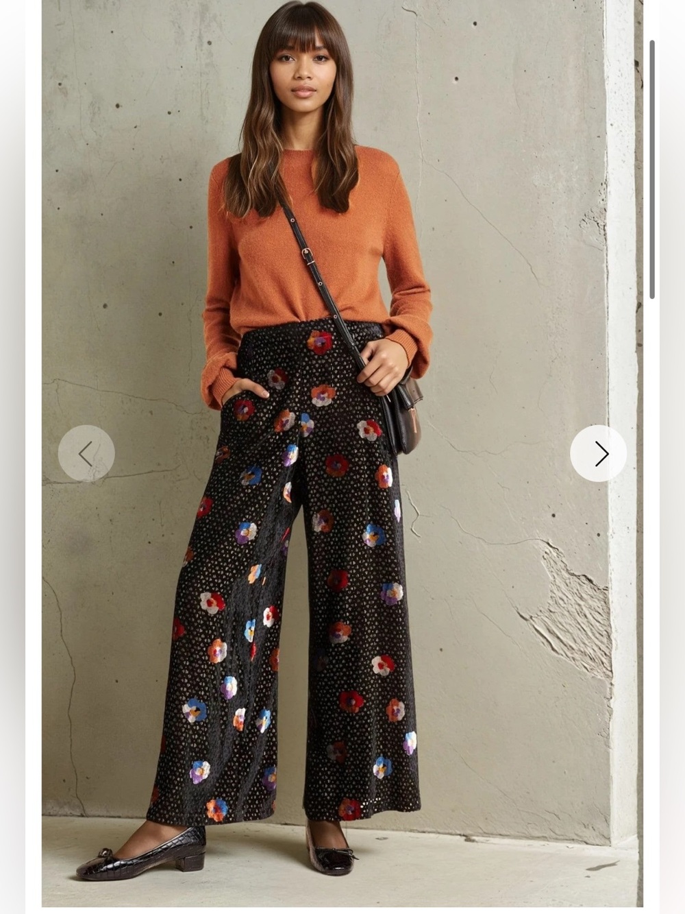 Anthropologie Black Wide-Leg Velvet Pants with Multicolor Floral Sequin Accents